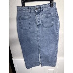 Ophelia Roe Light wash Denim Midi Skirt Button Fly, Slit, WMs 6 Modern Classic